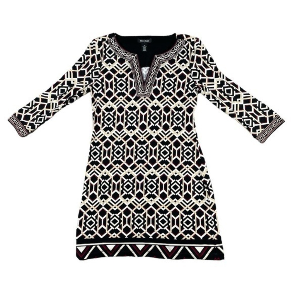 White House Black Market Tunic Shift Mini Dress Geometric‎ Embroidered Yoke XS